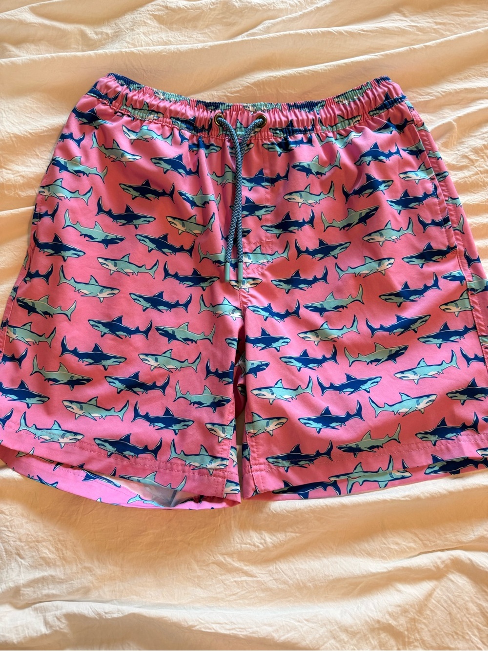 Shark Print Swim Trunks in Bright Pink